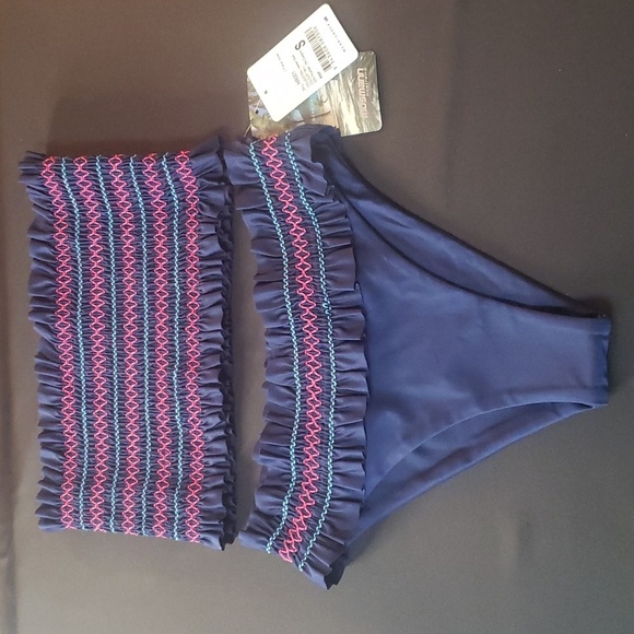 Mosmann Australia NWT size small navy with pink ruffled bikini - Picture 1 of 7